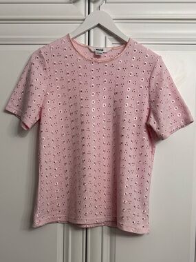 Alia Size Medium Blush Pink Floral Eyelet Short Sleeve Top Crew Neck